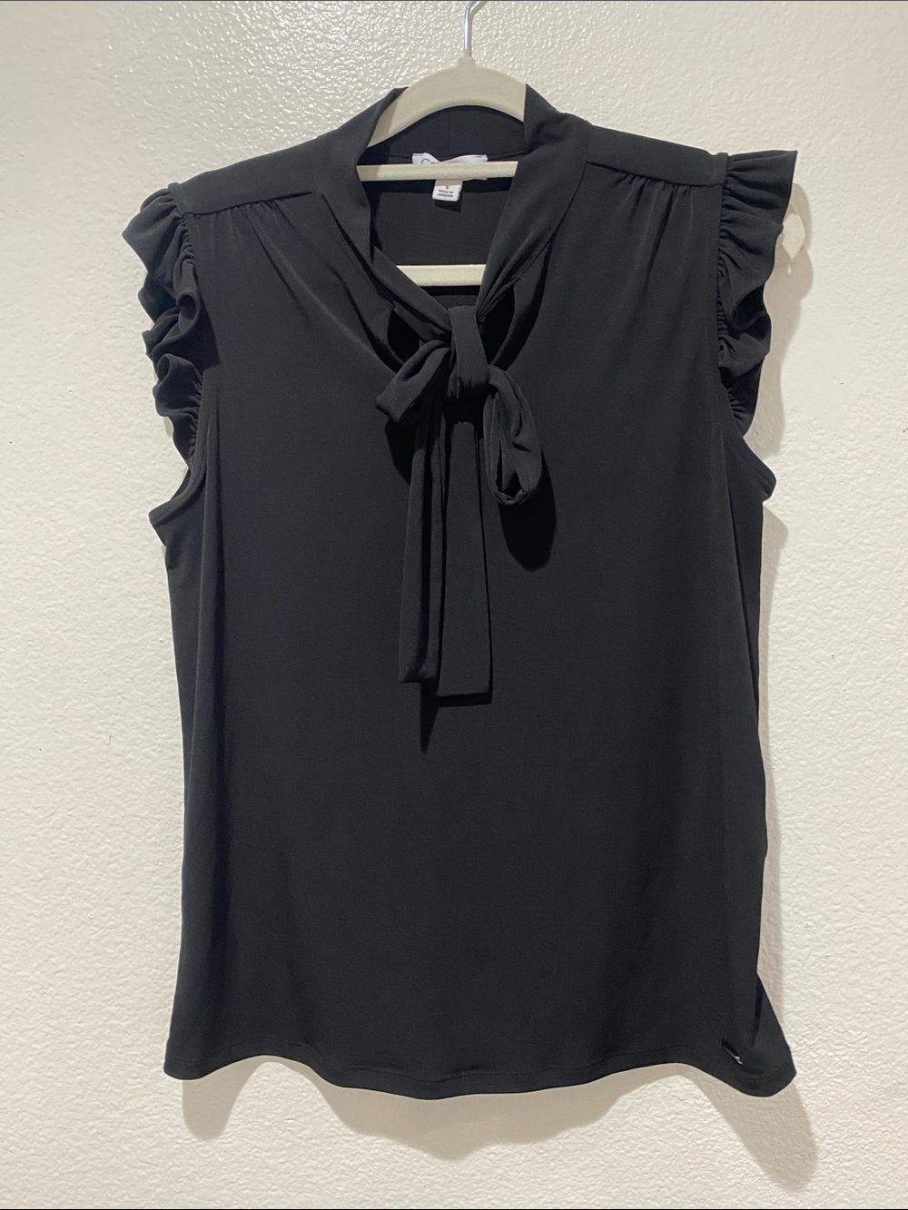 CALVIN KLEIN Black Tie-Neck Ruffle Sleeve Women's Top. Size S - Picture 2 of 10